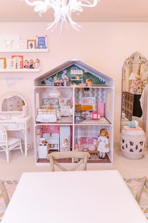 American Girl Dollhouse | Chronicles of Frivolity American Girl Doll House Ikea, American Girl Organization Ideas, American Girl Organization, American Girl Doll Organization, American Girl Storage Ideas, American Doll Storage Ideas, Diy American Girl Doll House, American Girl Doll Storage, American Girl Storage