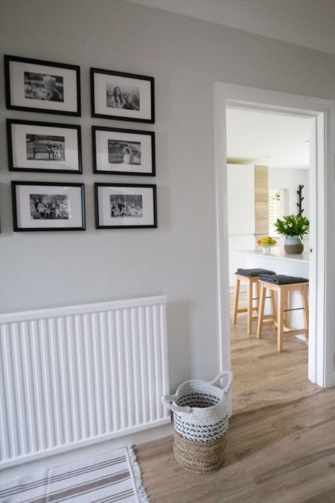 Farrow And Ball Whites, White Walls Coloured Skirting, Strong White Hallway, Strong White Farrow And Ball Hallway, Strong White Farrow And Ball Bedroom, Farrow And Ball Strong White Kitchen, Strong White Farrow And Ball, Grey Hallway Paint, Polished Pebble Dulux Paint Hallway