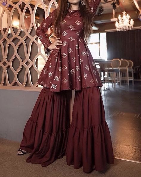 Short Frok Designs With Sharara, Sharara Models, Frock Garara Dress, Simple Gharara Designs, Sarara Dress Design, Kurti Plazzo Designs, Garara Dress, Gharara Designs, Stylish Kurtis Design