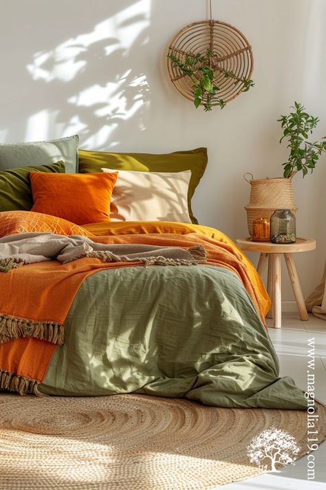 Get inspired by stylish bedroom ideas that merge earth tones with vibrant orange pops. Think olive green walls, rust-colored bed linens, and bright orange throws. Incorporate natural jute rugs and wooden side tables for a chic, earthy vibe. Visit our website for 20 additional ideas! Click now! Green And Orange Bedding, Earth Toned Bedroom, Diva Core, Orange And Green Bedroom, Modern Bohemian House, Green And Orange Bedroom, Rust Bedding, Olive Bedroom, Bamboo Bedroom