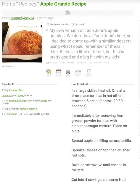 Taco Johns Apple Grande Recipe, Apple Grande Taco Johns Recipe, Taco Johns, Safe Meals, Taco John's, Baked Desserts, 2b Mindset, Cat Recipes, Flour Tortillas