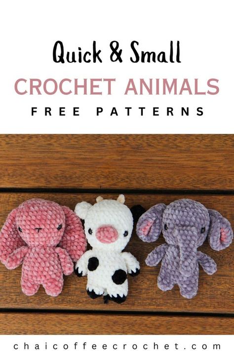 These small crochet animals are very quick to make - in just a couple of hours! You can use velvet yarn like this to make them fluffy crochet animals. Whether you're looking for a crochet elephant, a no sew amigurumi bunny, a crochet cow, or more, you will love these. All the pattterns are either no sew or low sew amigurumi. #nosewamigurumi #crochetanimals #plushcrochetanimals Crochet Stuffed Animals Amigurumi, No Sew Elephant Crochet Pattern, Simple Crochet Stuffies, Quick Easy Free Crochet Patterns, Crochet Small Elephant Free Pattern, Free Quick Amigurumi Patterns, Small Crochet Ball Free Pattern, Easy Crochet Animals For Beginners Step By Step, No Sew Crochet Bunny Pattern Free