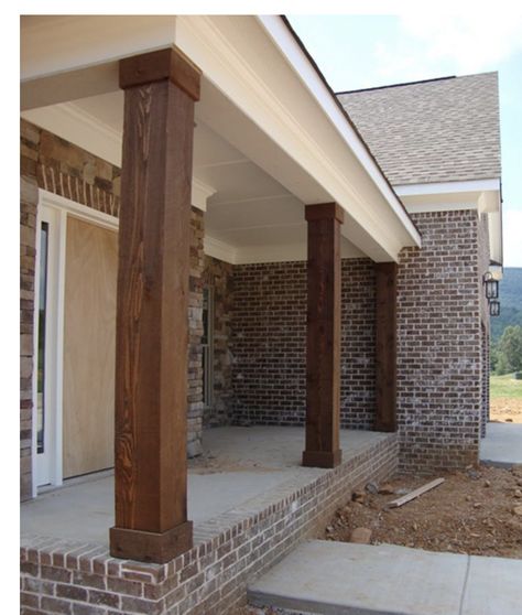 Wooden Porch Columns, Porch Columns Makeover, Wood Porch Columns, Front Porch Remodel, Front Porch Stone, Brick Ranch Houses, Front Porch Columns, Wooden Columns, Porch Remodel