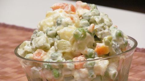 According to About.com, approximately 4 to 4.5 gallons of potato salad are needed to feed 100 people. This assumes a serving size of about 5 ounces per per Russian Salad Recipe, Russian Potato Salad, Olivier Salad, Russian Salad, Macedonian Food, Potato Salad With Egg, Salads For A Crowd, Cooking For A Crowd, Smitten Kitchen