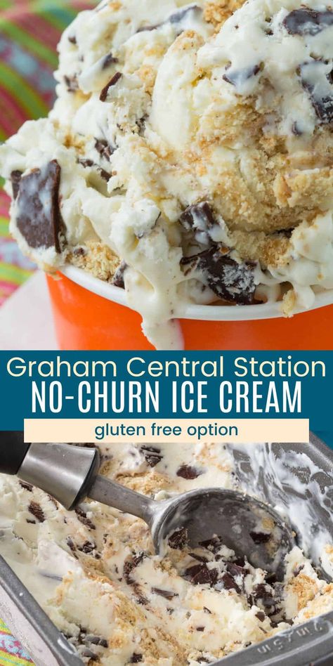 This Bruster's Graham Central Station Ice Cream Copycat recipe is made with just four ingredients including graham crackers, condensed milk, heavy cream, and chocolate chips! A rich and creamy no-churn ice cream, it's easily made gluten free and has all the flavors of the Bruster's original. Brusters Ice Cream Recipe, Graham Central Station Ice Cream Recipe, Graham Cracker Ice Cream, How To Make Graham, Condensed Milk Ice Cream, Churn Ice Cream, Gluten Free Ice Cream, Protein Ice Cream, Chocolate Graham Crackers