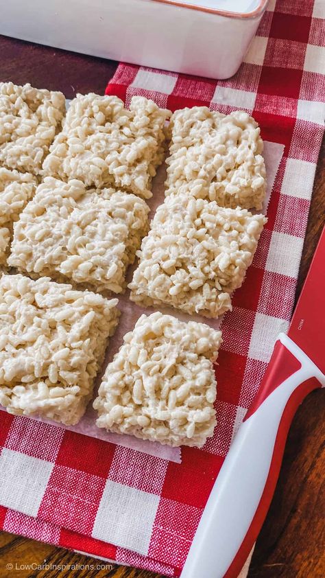 Keto Rice Crispy Treats Recipe made with keto cereal Keto Rice, Crispy Treats Recipe, Sugar Free Marshmallows, Rice Crispy Treats Recipe, Keto Cereal, Keto Banana Bread, Krispy Treats, Low Carb Treats, Sugar Free Low Carb