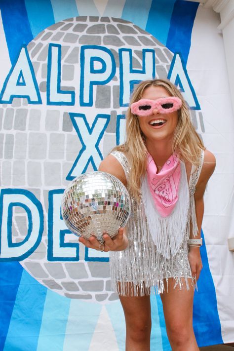 Sorority Disco Bid Day, Disco Date Party Sorority, Disco Theme Bid Day, Disco Sorority Theme, Sorority Work Week, Sorority Themes, Sorority Banner, Rush Week, Week Outfits