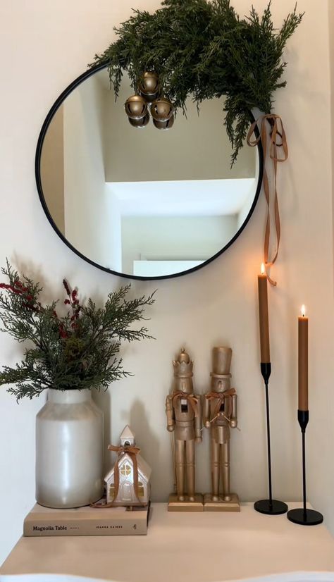 Christmas Wreath Over Mirror, Christmas Decoration Mirror, Christmas Columns Indoor, Christmas Decor Dresser, Christmas Side Table Decor Ideas, Christmas Under Tv Decor, Sideboard Christmas Decor Ideas, Christmas Side Table Decorations, Christmas Entry Way Decor