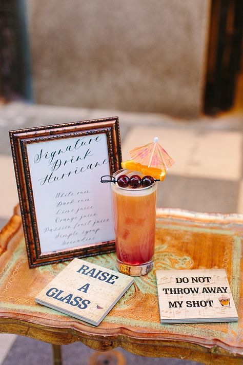 Hamilton Inspired Wedding in Los Angeles at The Theatre at Ace Hotel | Southern California Wedding Ideas and Inspiration Broadway Wedding, 18th Party Ideas, Broadway Theme, Hamilton Wedding, Party Drinks Alcohol, Wedding Signature Drinks, Musical Theme, Party Food Platters, Bachelorette Trip