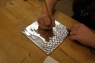 Metal Tooling, Embossing Art, Metal Embossing Art, Childrens Art Projects, 7th Grade Art, Aluminum Foil Art, 8th Grade Art, Middle School Art Projects, Fall Art Projects