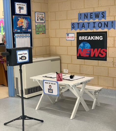 News Dramatic Play, News Station Dramatic Play, Weather Station Dramatic Play, Community Helper Dramatic Play, Community Helpers Lesson Plan, Community Helper Lesson, Winter Stem Activities, Dramatic Play Themes, Role Play Areas