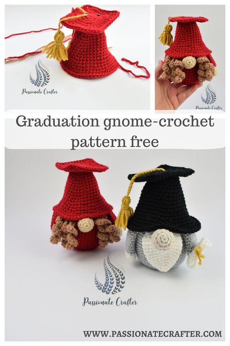 Graduation gnome pattern with a graduation cap with tassel and diploma in his hands Gnome Crochet Pattern Free, Passionate Crafter, Graduation Gnome, Crochet Gnomes Pattern Free, Snow Gnome, Crochet Gnomes, Gnome Crochet Pattern, Crochet Ladybug, Crochet Gnome