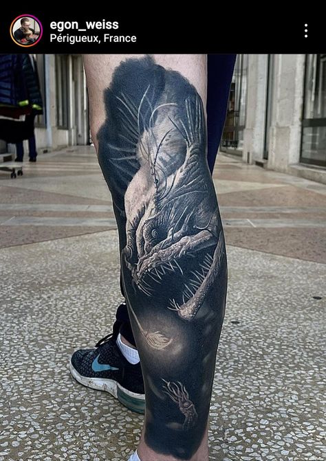 Anglerfish Tattoo, Angler Fish Art, Sea Tattoo Sleeve, Realistic Tattoo Ideas, Angler Fish Tattoo, Calf Sleeve Tattoo, Ocean Theme Tattoos, Hot Rod Tattoo, Greek God Tattoo