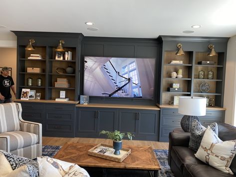 Book Shelf Entertainment Center, Built In Wall Shelves Living Room Modern, Black Built Ins Living Room Tv, Media Wall With Bookcase, Tv Bookshelf Wall Built Ins, Black Built In Entertainment Center, Large Built In Entertainment Center, Asymmetrical Built Ins Around Tv, Black Tv Built In Wall Unit