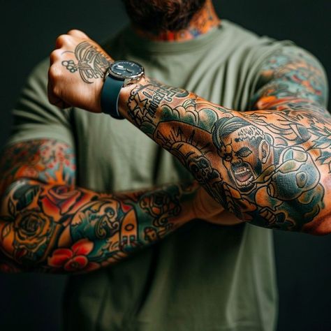 Strong man showcasing detailed and colorful tattoos on his arms, symbolizing personal significance and artistry. Tattoo Sleeve Men Color, Men's Tattoos, Always Tattoo, Masculine Tattoos, Cool Forearm Tattoos, Flag Tattoo, Visual Story, Intricate Tattoo, Memorial Tattoos