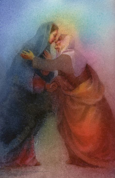 "The Visitation"  (Private Collection) This is my reinterpretation into watercolor of a painting by 15c painter Mariotto Albertinelli. #watercolor #fineartpainting #christianart #visitation 15th Century Paintings, The Visitation, Life Notes, Mama Mary, Queen Of Heaven, Blessed Mother Mary, The Good Shepherd, Biblical Art, Holy Mary