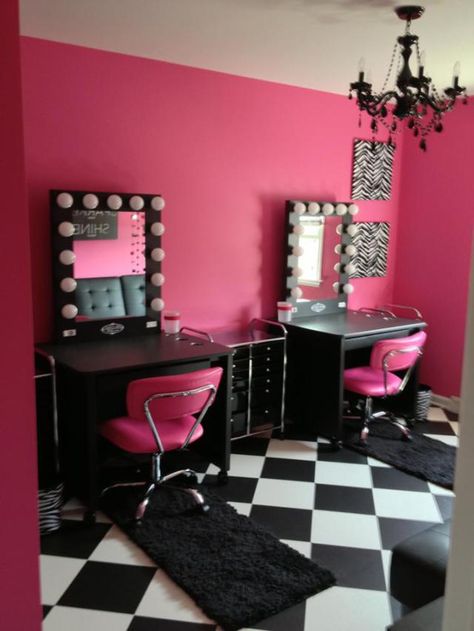 Pink and Black Vanity Room Makeup Room Ideas, Clear Things, Home Hair Salons, Makeup Room Decor, Salon Suites, White Makeup, Beauty Salon Decor, Black Vanity, Vanity Room