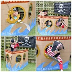 Cardboard DIY Pirate Ship - photoprop and play house for a pirate party Pirate Photo Booth, Cardboard Pirate Ship, Photo Booth Party, Pirate Photo, Diy Photo Backdrop, Diy Photo Booth, Diy Birthday Decorations, Pirate Birthday, Themes Photo