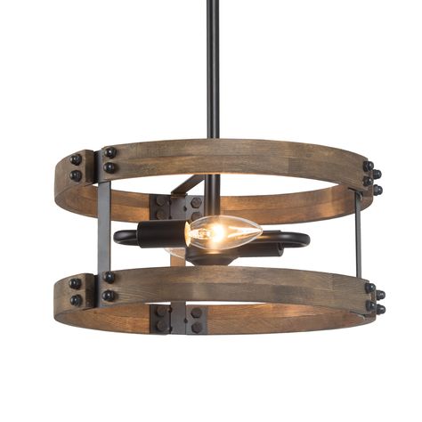 Sezeven 2-light Milo collection inspired by a wooded pillar, this farmhouse wood drum chandelier is a mid-century design that allows for decorating versatility. This piece is easily convertible and will create two distinct lighting options with one fixture: pendant or semi-flush. The distressed dark wood brown look of matte black iron brings a vintage feel to the fixture and your home. Uolfin Marven 2-Light Distressed Wood Brown and Matte Black Drum Farmhouse Cage Chandelier | N7RRJB-LWS23878-Y7 Entry Lighting Ideas, Wood Element, Farmhouse Chandelier Lighting, Cage Chandelier, Island Chandelier, Farmhouse Pendant Lighting, Island Pendant Lights, Wood Pendant Light, Farmhouse Chandelier