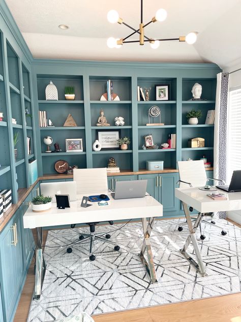 Teal And White Office, Seafoam Green Office, Light Blue Office Cabinets, Mediterranean Office Decor, French Blue Office, Blue Bookcase Office, Blue Built In Desk, Blue Green Office, Blue Home Office Ideas