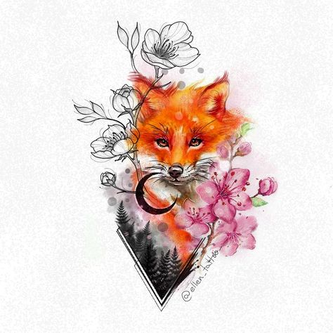 Fox Tattoo Colorful, Fox Rose Tattoo, Fox Tattoo Shoulder, Fox And Rose Tattoo, Fox Tattoo Color, Fox Tattoos For Women, Fox Tatoos, Fox Tattoo Ideas, Geometric Fox Head