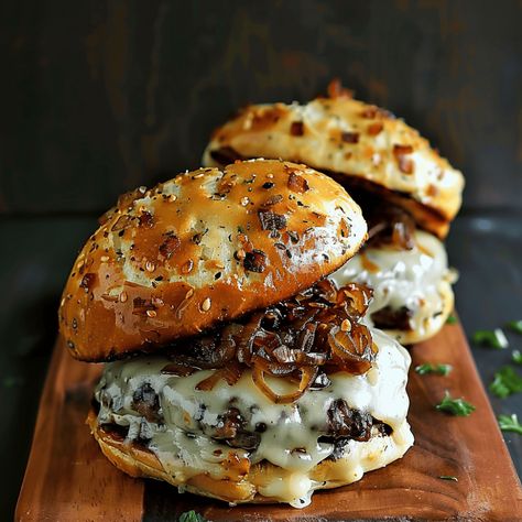 French Onion Soup Burgers - Recipes, Tasks & Tools French Burger Recipes, French Onion Hamburgers, The Best Burger Recipe, German Burgers Recipes, Lipton Onion Soup Burgers, French Onion Burger Recipes, Burger Meat Recipes, French Onion Soup Burgers, French Onion Soup Burger Recipe