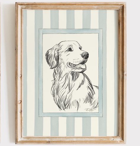 And a little golden retriever sketch too ✍🏻 Grandmillenial Art Prints, Golden Retriever Nursery Ideas, Golden Retriever Nursery Theme, Golden Retriever Nursery, Golden Retriever Drawing, Golden Retriever Watercolor, Baby Story Books, Coastal Nursery, Nancy Meyers