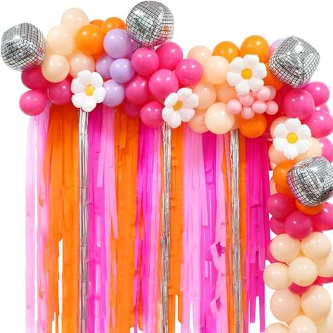 Groovy Balloon Arch, Groovy Party Decorations, Daisy Balloon Garland, Disco Theme Party, Groovy Party, Disco Theme, Orange Party, Fringe Backdrops, Balloon Chain