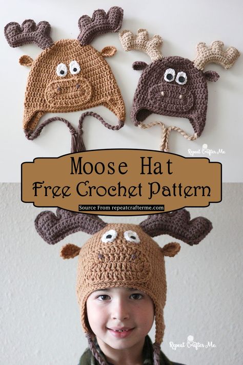 Crochet Character Hats Free Pattern, Yule 2023, Moose Hat, Crochet Moose, Hat Free Crochet Pattern, Crochet Character Hats, Crochet Animal Hats, Cow Hat, Hat For Kids