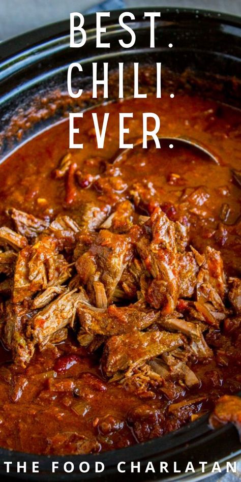 Tender beef chili that's the best you'll ever have Best Chili Ever, Best Chili Recipe Ever, The Best Chili Recipe, The Best Chili, Beef Chili Recipe, Best Chili, The Food Charlatan, Best Chili Recipe, Food Charlatan