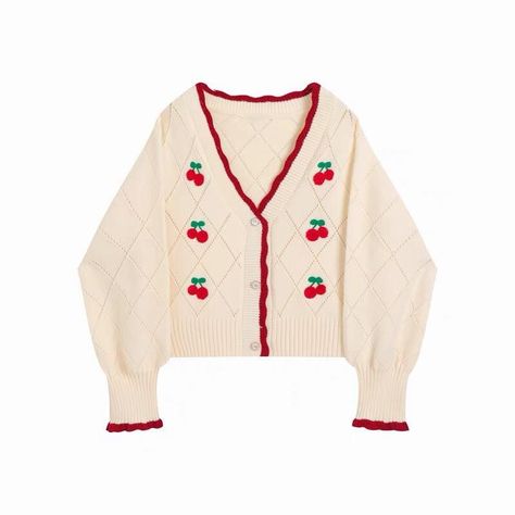 Korean Style Sweater, Cropped Sweaters, Knitting Cardigan, Cropped Pullover, Áo Len Cardigan, Cardigan Women, Cherry Print, Sweater Coat, Printed Cardigan