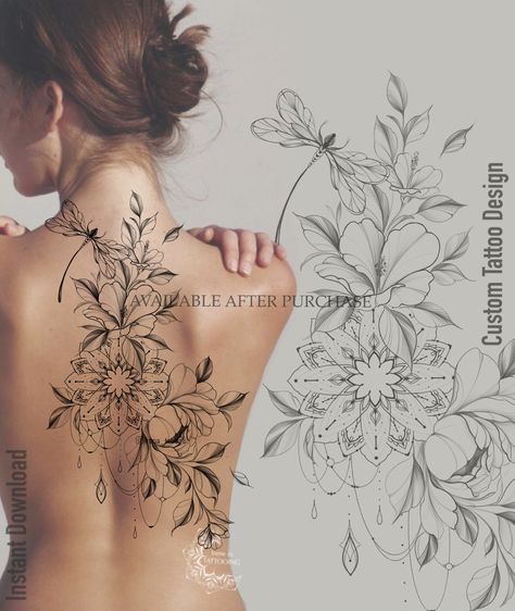 Excited to share this item from my #etsy shop: Tattoo Design with dragonfly | Hibiscus and Peony Flowers | Instant download | Digital download | Printable stencil Printable Stencil, Floral Back Tattoos, Printable Tattoos, Sun Tattoo Designs, Lotus Tattoo Design, Dragonfly Tattoo Design, Star Tattoo Designs, Snake Tattoo Design, Stencils Printables