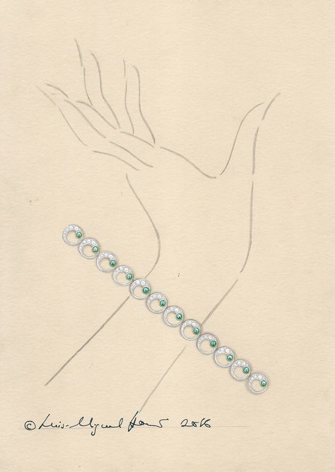 Design for an emerald and diamond bracelet. Bracelet Sketch Drawing, Bracelet Illustration, Bracelet Sketch, Bracelet Sketch Design, Jewellery Design Sketches Jewelry Drawing, How To Design Jewelry Sketch, Jewellery Sketches Illustration, Jewel Drawing, Sparkly Bracelets