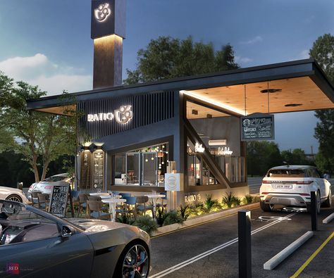 Ratio Drive Thru on Behance Drive Thru Design Ideas, Coffee Shop With Drive Thru, Drive Through Restaurant Design, Coffee Shop Drive Thru Design, Drive Thru Cafe Design, Drive Through Coffee Shop Design, Drive Thru Coffee Shop Design, Cafe Drive Thru, Drive Thru Design