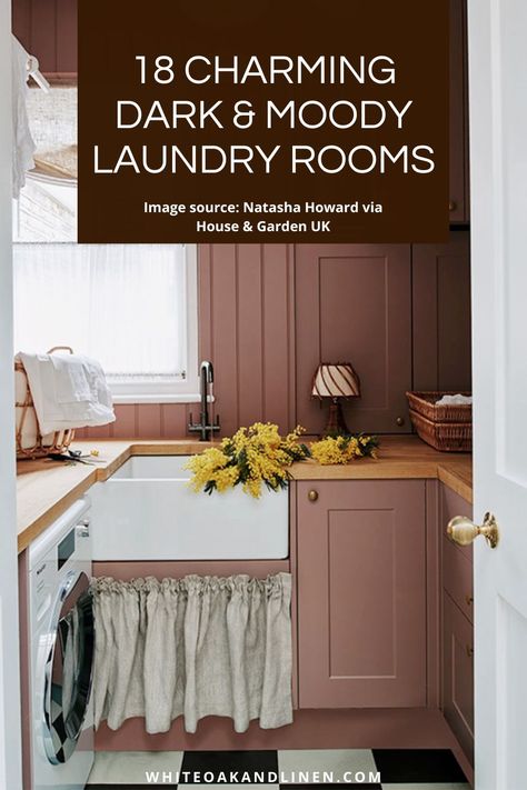 Are you looking to remodel or refresh your laundry room or mudroom but want something a bit different? White Oak & Linen selected 18 gorgeous dark and moody laundry rooms that are oozing with character and charm and are sure to give you the moody and unique laundry room design inspiration you’ve been searching for! Image source: Natasha Howard via House & Garden UK Pale Pink Laundry Room, Dark Color Laundry Room, Moody Laundry Closet, Farrow And Ball Laundry Room, Dusty Pink Laundry Room, Dusty Rose Laundry Room, Light Pink Laundry Room, Mudroom Colorful, Dramatic Laundry Room