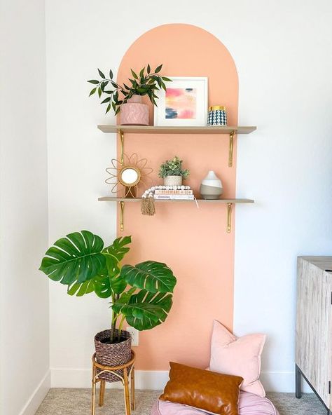 Rebecca Propes | DIY & Design on Instagram: "Create some interest with a little paint! I decided on painting these arches in the sitting area of our bedroom. I intentionally had the shelves extend past the painted edges to create visual interest. Something so simple immediately grounded the space and added a perfect POP of color! #maker #diy #paintdetails #designer #interiordesign #doityourself #paint #behrpaint #homedepot #eyemydiy #arch #walldetail #hunkerhome #hgtv" Rebecca Propes, Painted Arch, Hall Entrada, Bachelorette Pad, Paint Wall, Painted Walls, Room Goals, Work Station, Boho House