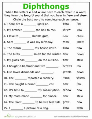 Second Grade Reading & Writing Worksheets: Practice Reading Vowel Diphthongs: ew Grade 3 Phonics Worksheets, Dipthongs Activities Free, Phonics Worksheets Grade 1, 2nd Grade Phonics, Vowel Diphthongs, 2nd Grade Reading Worksheets, 5th Grade Worksheets, Phonics Worksheets Free, Blends Worksheets