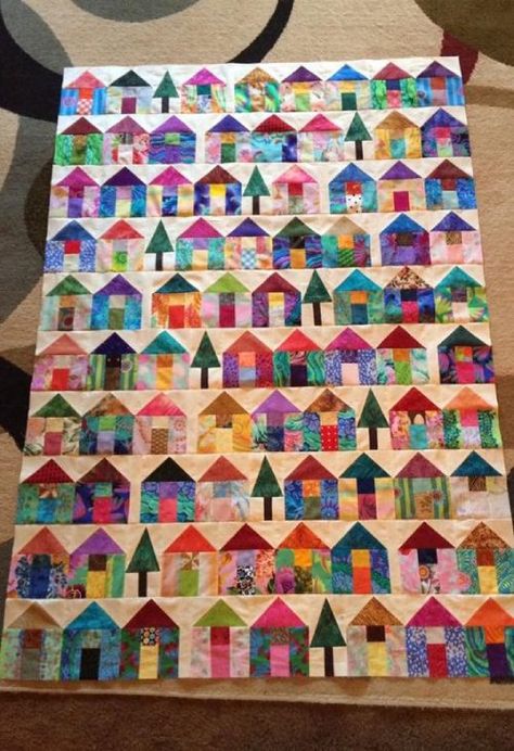 The Village Free Quilt Pattern Town Quilt Patterns, House Block Quilts, Trees Quilt, Tree Blocks, Village Quilt, House Quilt Block, House Quilt Patterns, Scrappy Quilt Patterns, Scrap Quilt Patterns