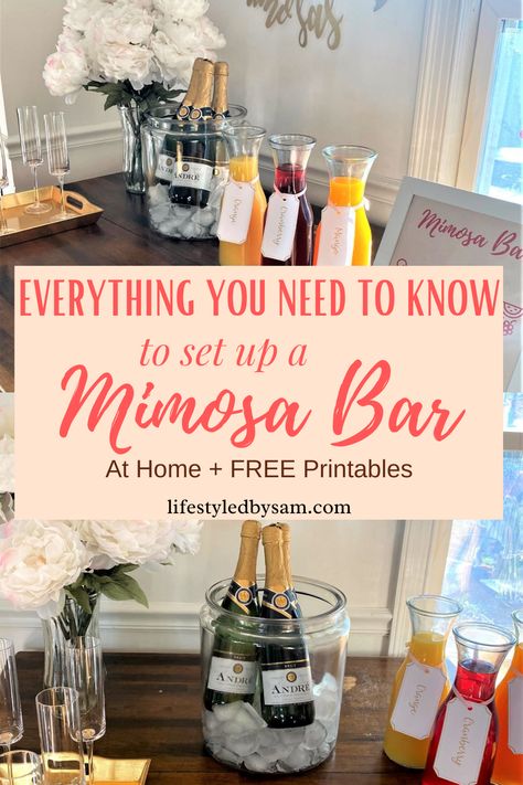 Make Your Own Mimosa Bar, Mimosa Bar Ideas Wedding, Champagne Brunch Bridal Shower Ideas Mimosa Bar, Home Champagne Bar Ideas, Decor For Brunch Party, Momosa Mimosa Bar Virgin, Champagne Mimosa Bar, 40th Birthday Mimosa Bar, How Much Champagne For Mimosa Bar