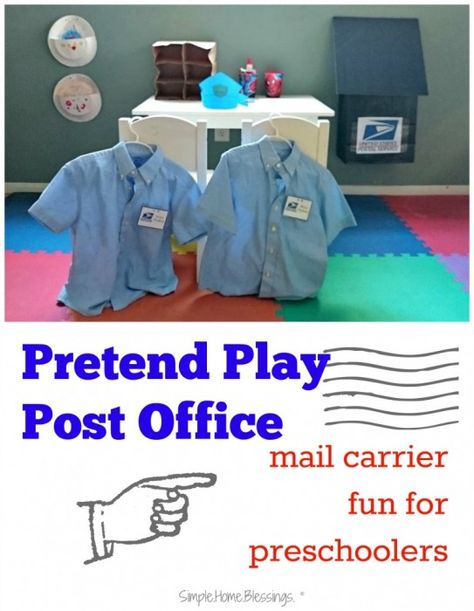 pretend play post office Post Office Role Play, Post Office Activities, Play Post Office, Pretend Play Post Office, Post Office Play, Dramatic Play Themes, Community Helpers Unit, Purposeful Play, Office Labels