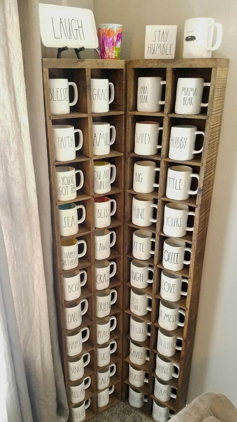 My personal collection! Not all of my Rae Dunn mugs but a goos portion. Coffee Mug Cubbies, Rae Dunn Cup Display, Rae Dunn Mug Display Ideas, Rae Dunn Mug Display, Mug Organization, Mug Collection Display, Pantry Organization Ideas Shelves, Coffee Mug Storage, Coffee Cup Storage