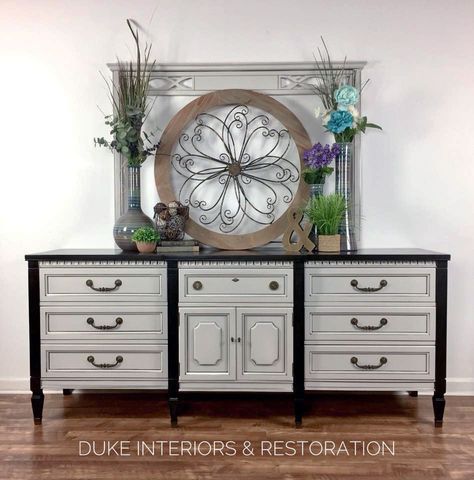 "I cannot be more thrilled with how this piece turned out! This gorgeous vintage dresser was refinished using General Finishes Black Gel Stain and Seagull Gray Milk Paint. All of the details were accented with Pitch Black Glaze Effects and the original pulls were used to add the final touches." - Painted Paradise, by Duke Interiors and Restoration Diy Dresser Makeover White, Dresser Makeover White, Black Gel Stain, Refinished Dresser Diy, Stained Dresser, Refinished Dresser, Black Painted Furniture, Dresser Diy, Furniture Colors