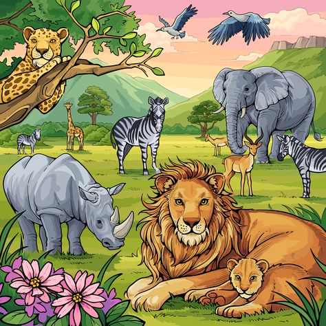 Zoo Drawing, Wild Animals Drawing, Jungle Drawing, Tractor Drawing, Village Drawing, Animal Outline, Drawing Scenery, Drawing Competition, Nature Art Drawings