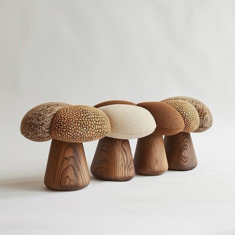 Mushroom -inspired benches 🍄✨ These bench designs tailor-made pieces feature upholstered cushions in rich, autumnal patterns and hues, bringing the cozy essence of fall into our home. The organic, wood-carved bases complement the textured fabric, making it a harmonious blend of nature and comfort Chair Inspired By Nature, Mushroom Furniture, Interesting Chairs, Interior Furniture Design, Mushroom Chair, Chair Making, Whimsical Furniture, Kids Room Furniture, Wooden Stool