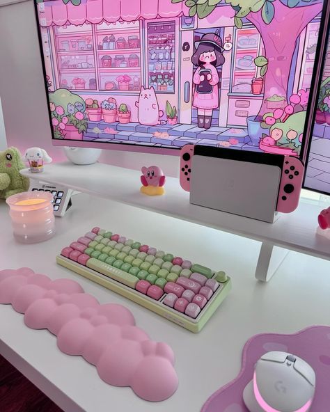 My newest keeb from @dustsilver_keyboard 🎀🌿 This is the D66 - Dream of Stars ⭐️ The pastel pinks and greens on this are so pretty, and I just love the way it types and sounds! This is easily one of my fave keyboards now! 🥹💕 ♡ ♡ ♡ ♡ ♡ #pinksetup #pinksetups #pinkgamingchair #pinkgamer #pinkgaming #pinkgamingsetup #kawaiisetup #kawaiigamer #kawaiigaming #pcsetup #pcsetups #desksetup #desksetups #deskdecor #pcbuild #pcbuilds #keeb #keyboardbuild #gamingsetup #gamingsetups #nanoleaf #cozydesks... Games Room Inspiration, Cozy Desk, Gamer Setup, Pc Setups, Live Screen Wallpaper, Cute Bedroom Ideas, Study Room Decor, Gaming Room Setup, Room Goals