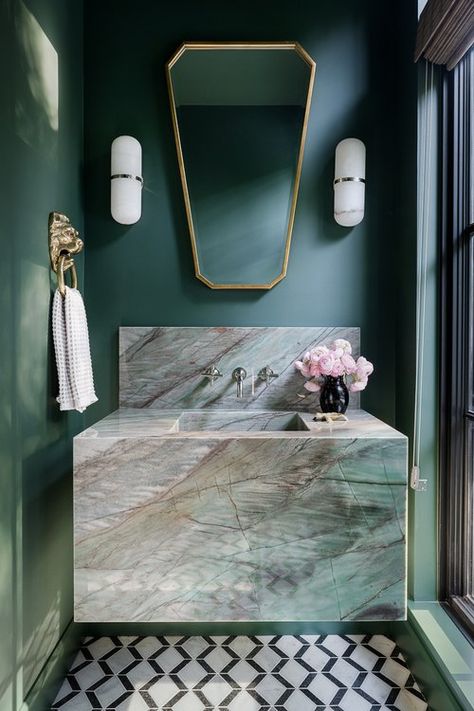 bathroom — Tiffany Skilling Interiors Deep Green Walls, Colorful Marble, Green Walls, Marble Counter, Marble Countertop, Dream Bathrooms, Green Bathroom, Stylish Bathroom, Mountain House