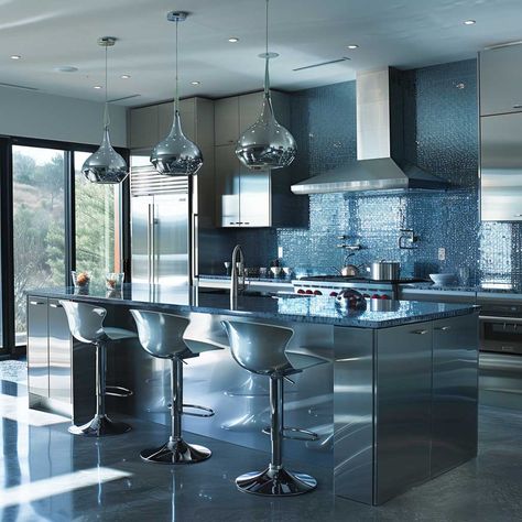 12+ Elegant Inside House Color Ideas for a Sophisticated Silver and Blue Scheme • 333+ Art Images Silver Kitchen Ideas, Blue And Silver Kitchen, House Color Ideas, Blue Scheme, Silver Kitchen, Silver Cabinets, Inside House, Light Hardwood Floors, Metal Tile