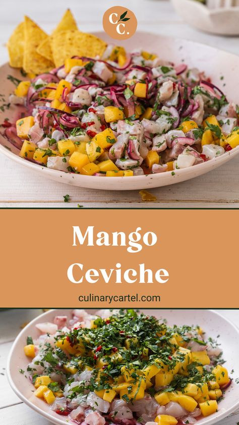 Gorgeous traditional Peruvian ceviche gets a sweet and tangy modern revamp with the addition of mango in this easy mango ceviche recipe. #ceviche #cevicherecipe #cevicherecipemexican #cevicheshrimp #cevicherecipefish culinarycartel.com Ceviche Recipe Mango, Calamari Ceviche Recipe, Cevechi Recipe, Lychee Ceviche, Swordfish Ceviche, Octopus Ceviche Recipe, Tilapia Ceviche Recipe, Alpastor Recipe, Civeche Recipe