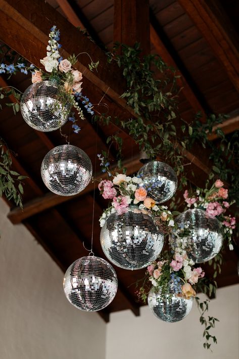 Floral Disco Ball Installation Floral Disco Ball, Disco Ball Chandelier, Disco Ball Installation, Ball Installation, Wedding Diys, Dogwood Branches, Disco Theme, Flower Curtain, Wedding Reception Flowers