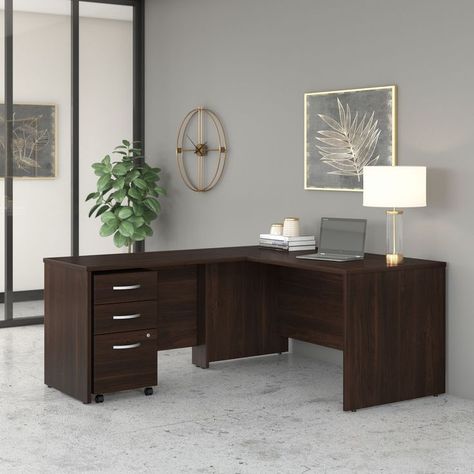 Do you want to create a professional and stylish environment to work in? Start with one of our modern, commercial quality office desks! Add the finishing touches with golden accents to embellish your office décor and get to work in an office you love! #officedecor #officedesk #officeideas #officedesign #professionalofficedecoratingideas #goldenaccentsdecor #desksetup Furniture Studio, L Shape Desk, Mobile File Cabinet, Edge Banding, Modesty Panel, Studio C, Walnut Desks, Business Furniture, L Shaped Desk